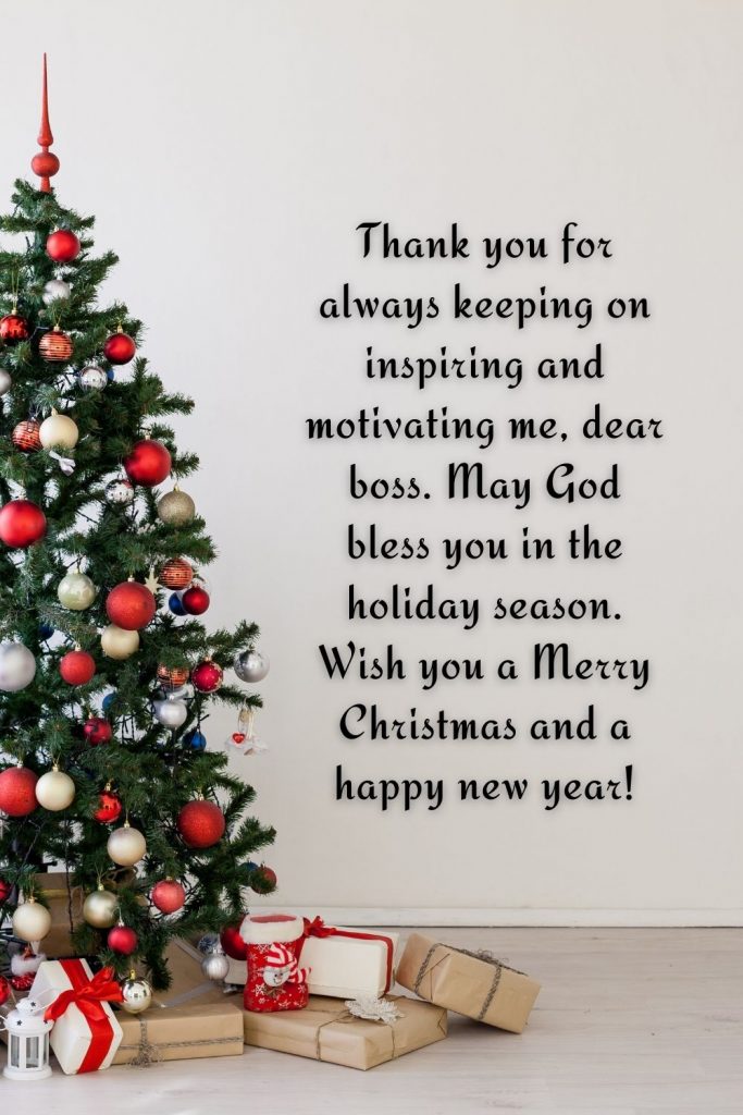 Thank you for always keeping on inspiring and motivating me, dear boss. May God bless you in the holiday season. Wish you a Merry Christmas and a happy new year!