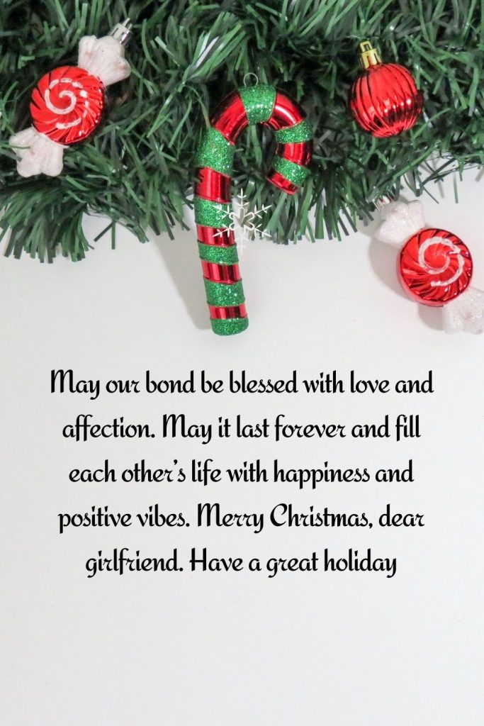 May our bond be blessed with love and affection. May it last forever and fill each other’s life with happiness and positive vibes. Merry Christmas, dear girlfriend. Have a great holiday.