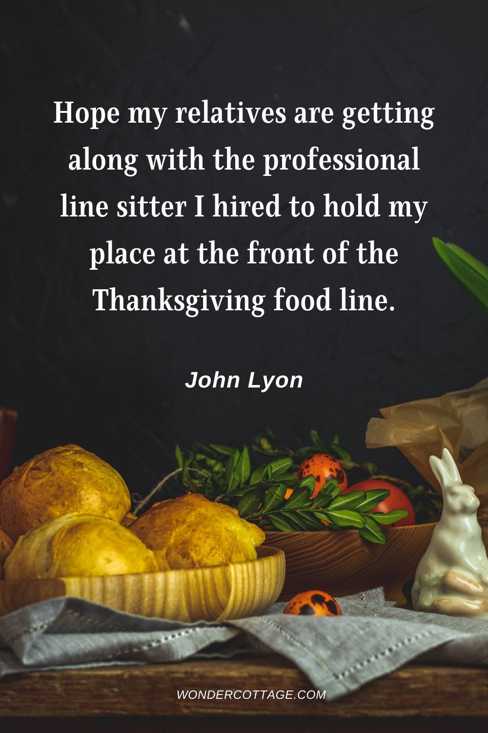 Hope my relatives are getting along with the professional line sitter I hired to hold my place at the front of the Thanksgiving food line. John Lyon