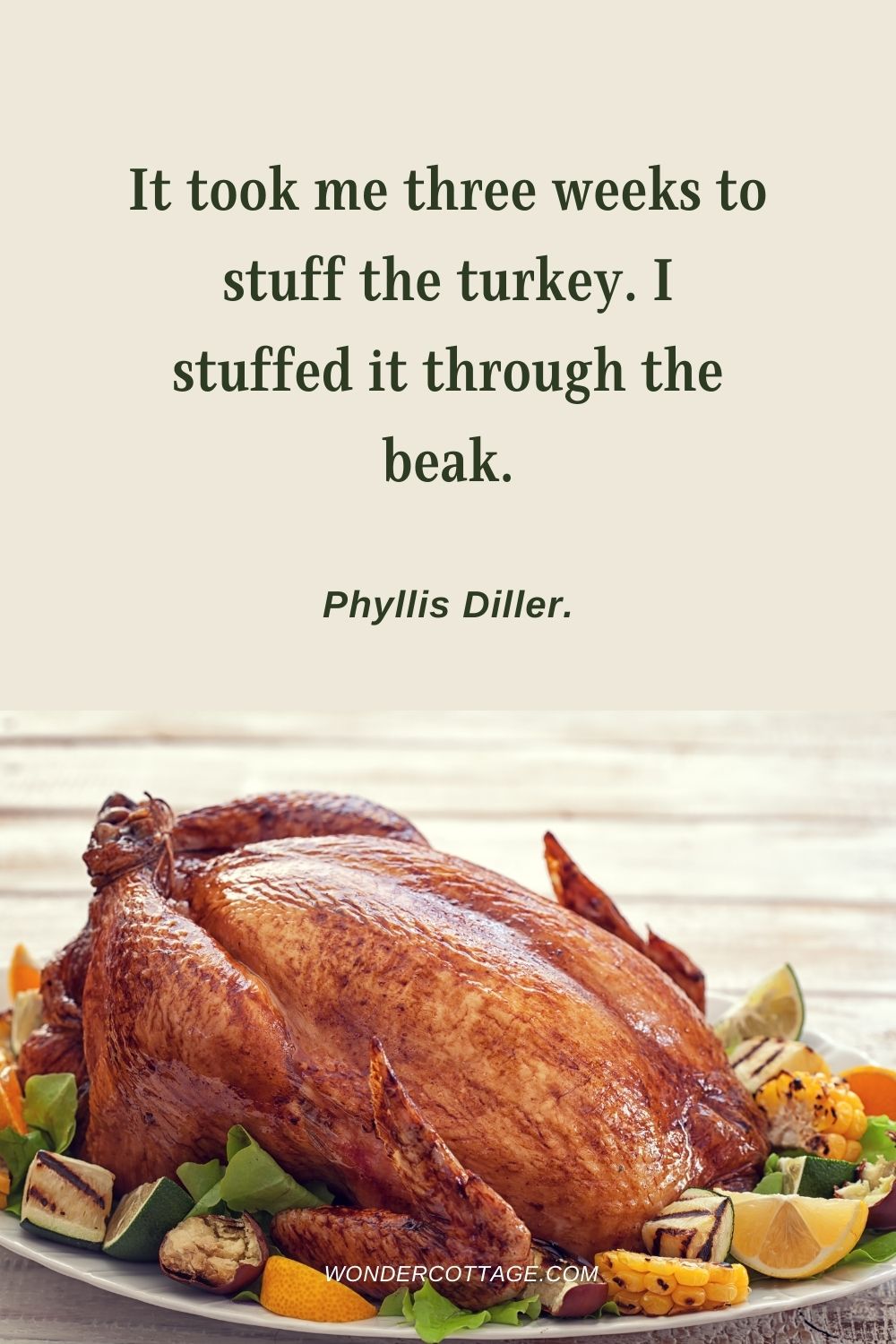 It took me three weeks to stuff the turkey. I stuffed it through the beak. Phyllis Diller.