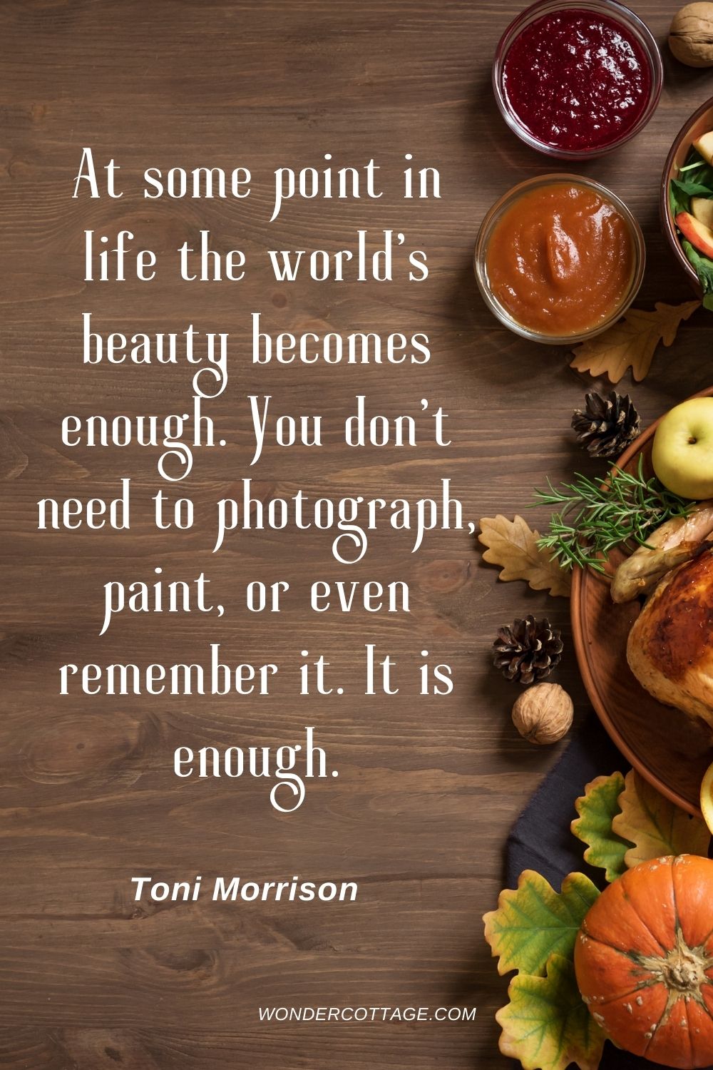 At some point in life the world's beauty becomes enough. You don't need to photograph, paint, or even remember it. It is enough. Toni Morrison