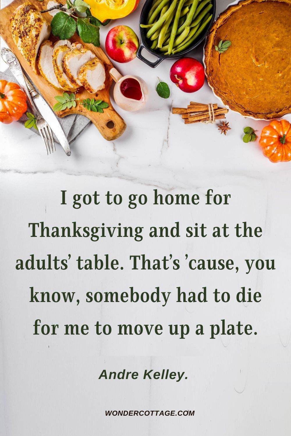 I got to go home for Thanksgiving and sit at the adults’ table. That’s ’cause, you know, somebody had to die for me to move up a plate. Andre Kelley. 