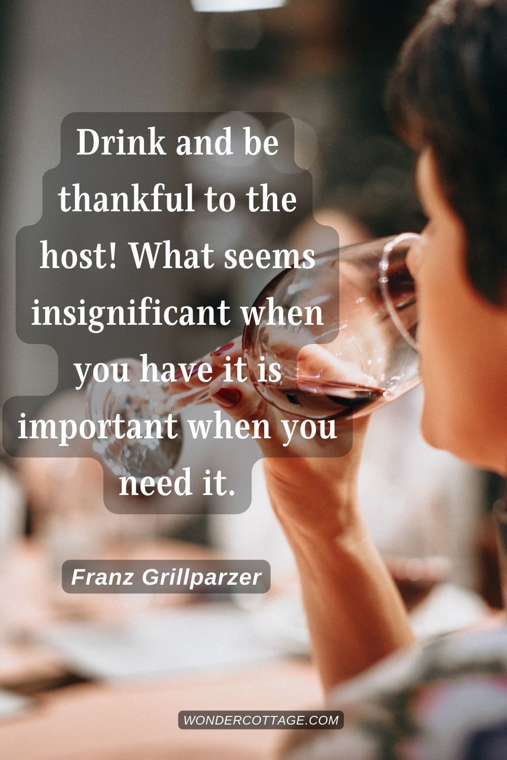 Drink and be thankful to the host! What seems insignificant when you have it is important when you need it. Franz Grillparzer