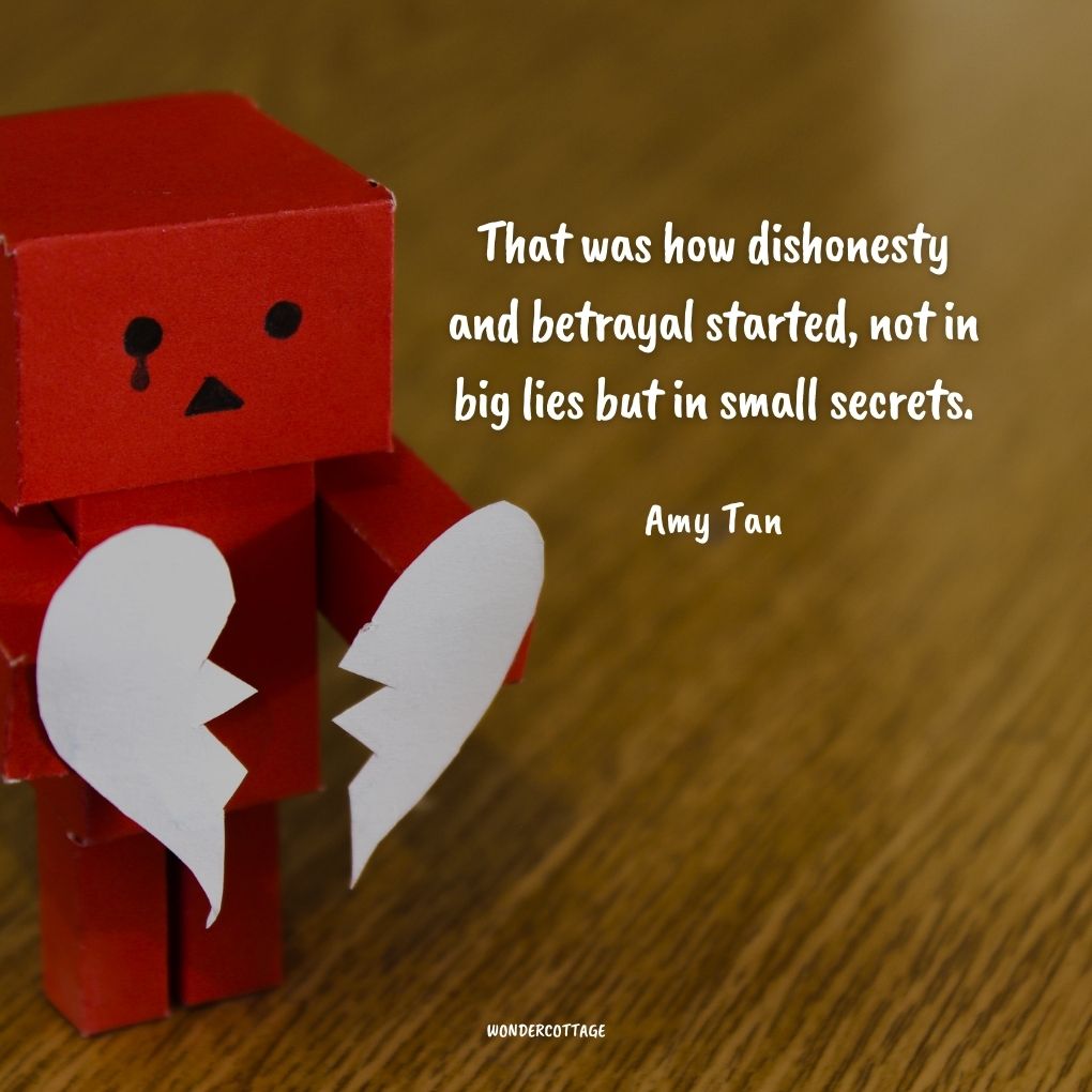 That was how dishonesty and betrayal started, not in big lies but in small secrets.
Amy Tan